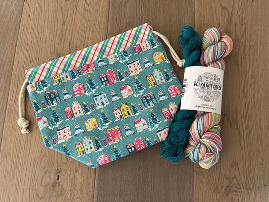 Christmas Village Project bag and self striping sock set